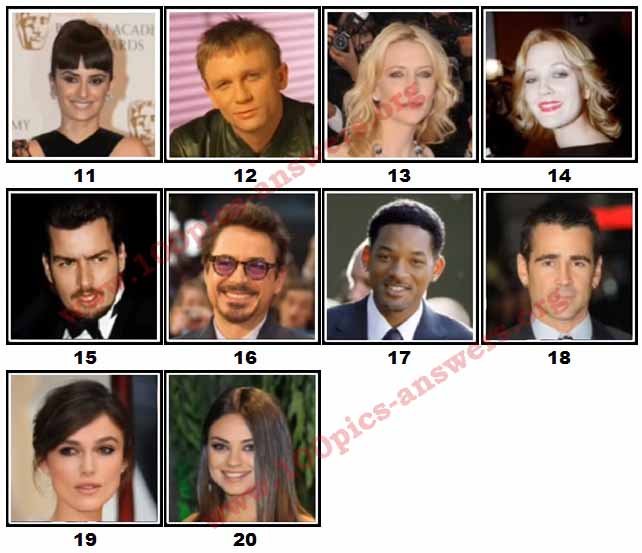 100 Pics Movie Stars Level 11-20 Answers | 100 Pics Answers