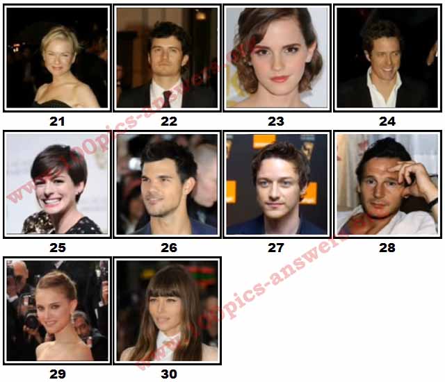 100 Pics Movie Stars Level 21-30 Answers | 100 Pics Answers